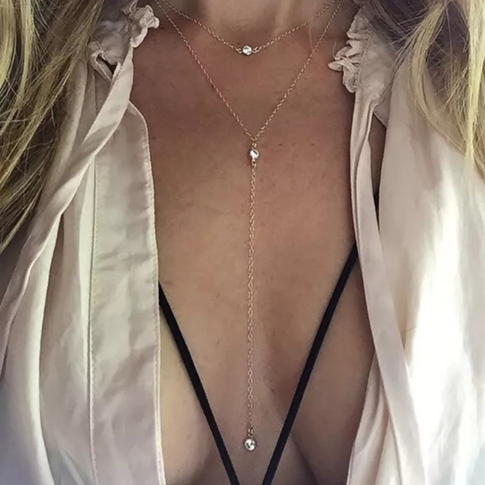 Long Multi Layer Crystals Gold Chain